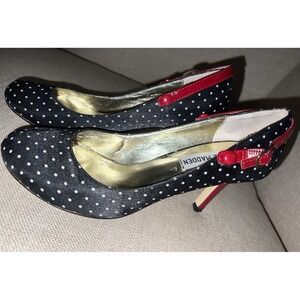 Retro Steve Madden Luvvy Black Polka Dot Heels Red Buckle Strappy 6M Rockabilly